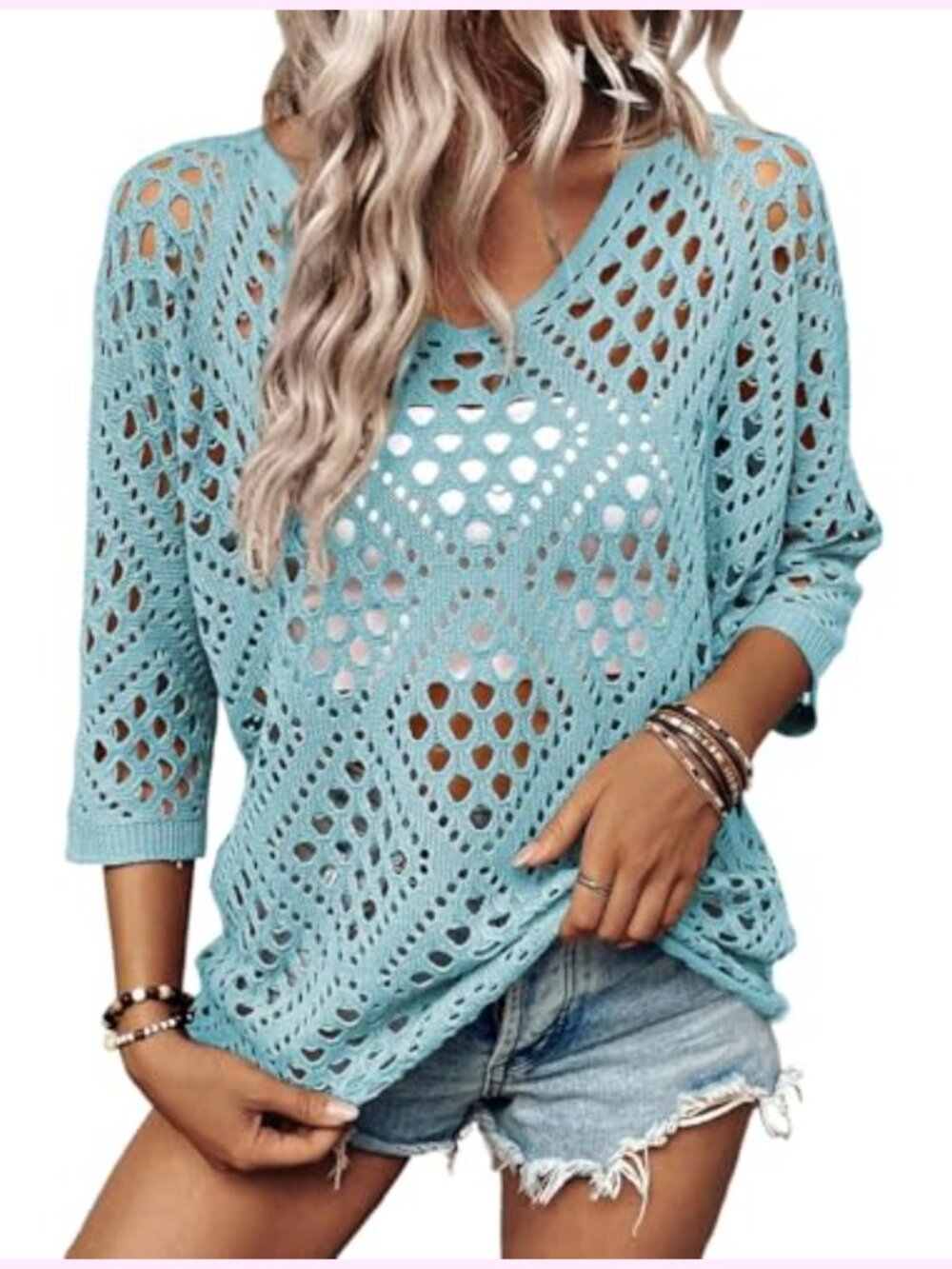 Crochet Hollow Out Beach Cover Up V-Neck 3/4 Sleeve Pullover Sweater